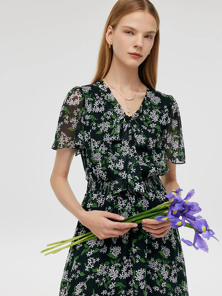 10 Momme Mulberry Silk Floral Printed Bow Tie Neck Women Midi Dress