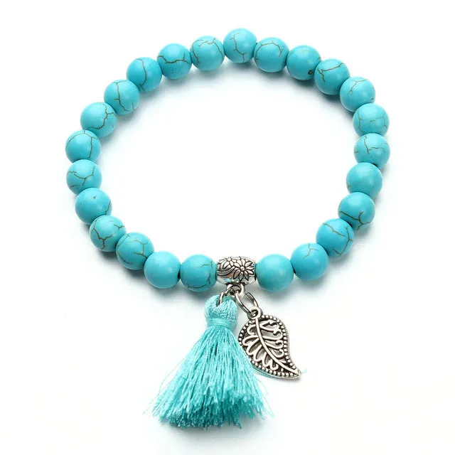 2017 Boho Natural Stone Turquoises Beads Bracelet Gold Color Leaf Tassel Charm Bracelets Bangle For Women Pulseras Mujer F2833