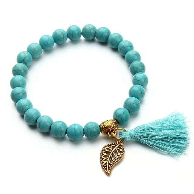 2017 Boho Natural Stone Turquoises Beads Bracelet Gold Color Leaf Tassel Charm Bracelets Bangle For Women Pulseras Mujer F2833