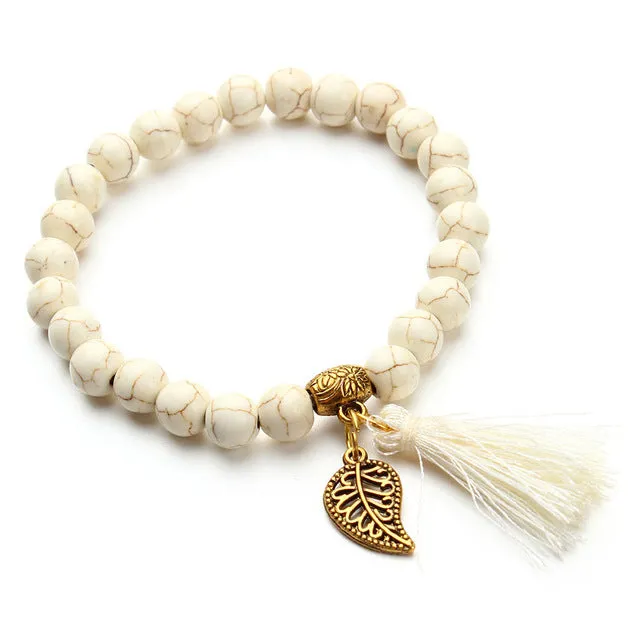 2017 Boho Natural Stone Turquoises Beads Bracelet Gold Color Leaf Tassel Charm Bracelets Bangle For Women Pulseras Mujer F2833