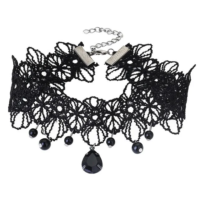 2018 Collares Sexy Gothic Chokers Crystal Black Lace Neck Choker Necklace Vintage Victorian Women Chocker Steampunk Jewelry