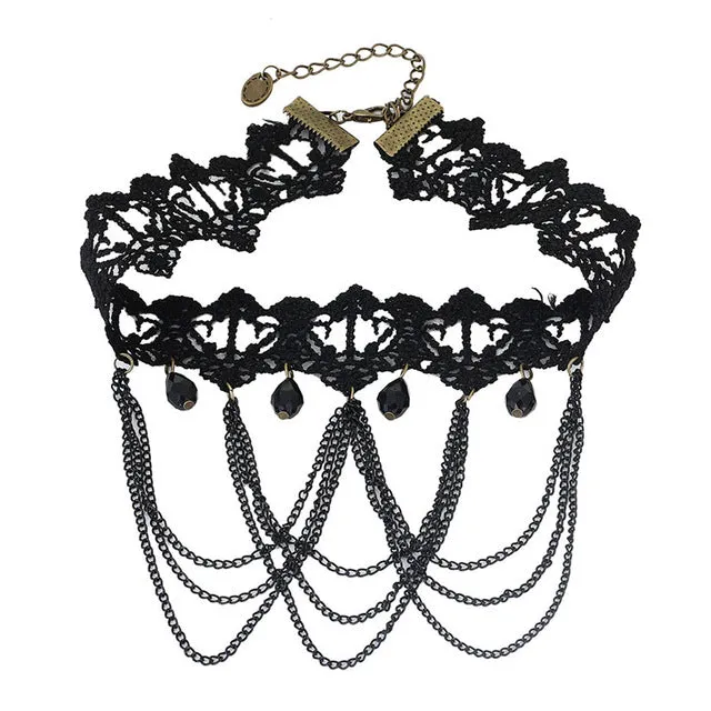 2018 Collares Sexy Gothic Chokers Crystal Black Lace Neck Choker Necklace Vintage Victorian Women Chocker Steampunk Jewelry