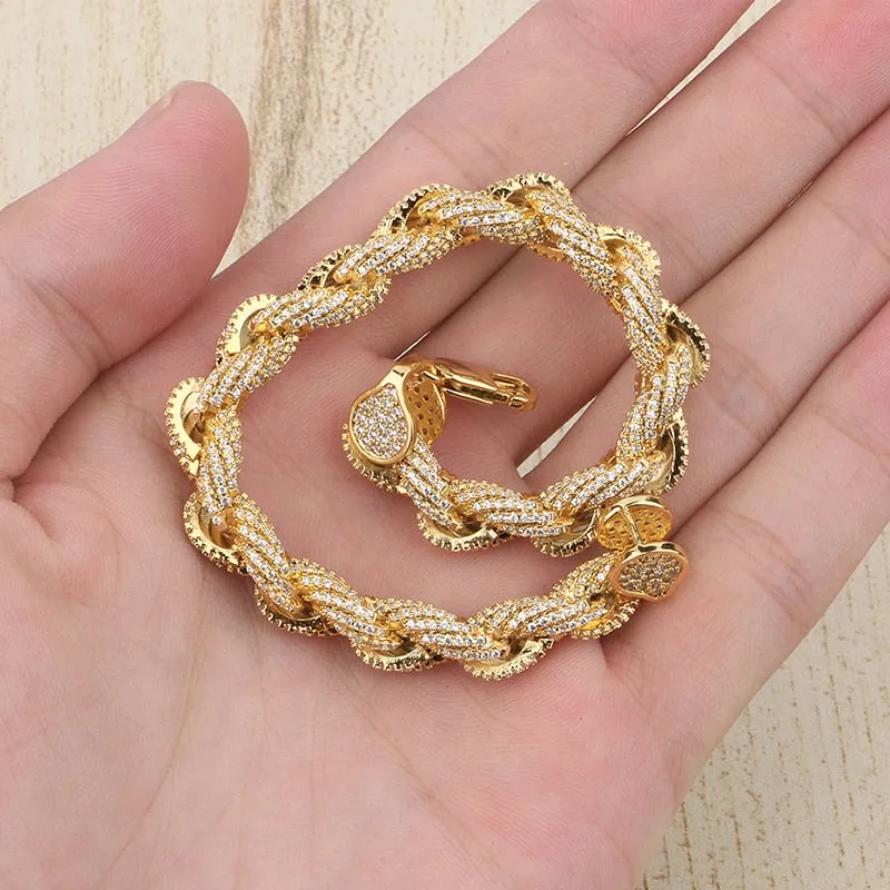 8mm Rope Chain Rhinestone Bracelets- 18K Gold Plated Hip Hop Bracelet