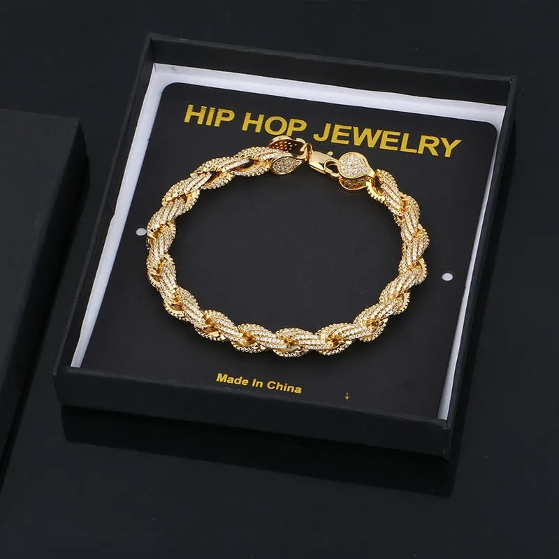 8mm Rope Chain Rhinestone Bracelets- 18K Gold Plated Hip Hop Bracelet