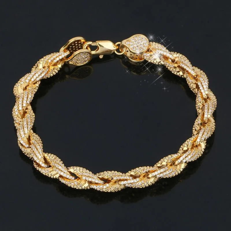 8mm Rope Chain Rhinestone Bracelets- 18K Gold Plated Hip Hop Bracelet