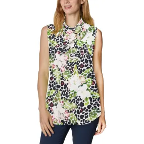 apple blossom leopard print Women's Bow Tie V-Neck Sleeveless Shirt (Model T69)