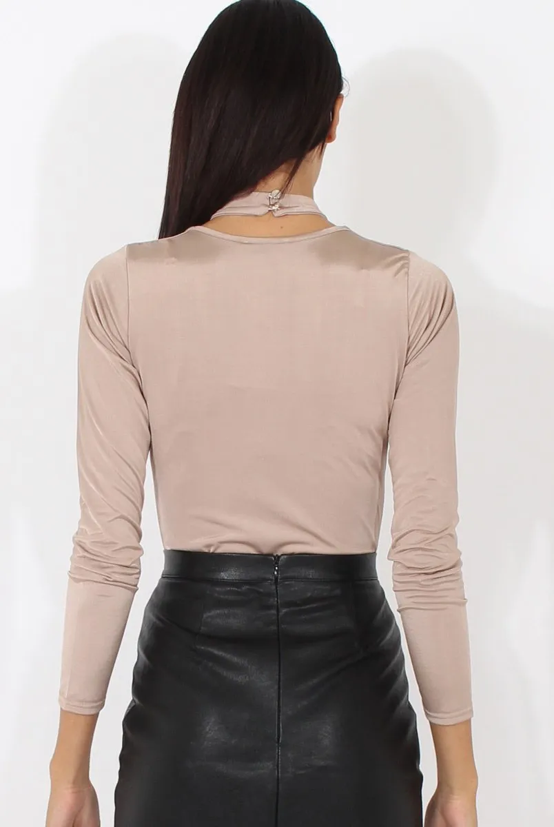 Beige Harness Choker Long Sleeve Bodysuit - Sandra