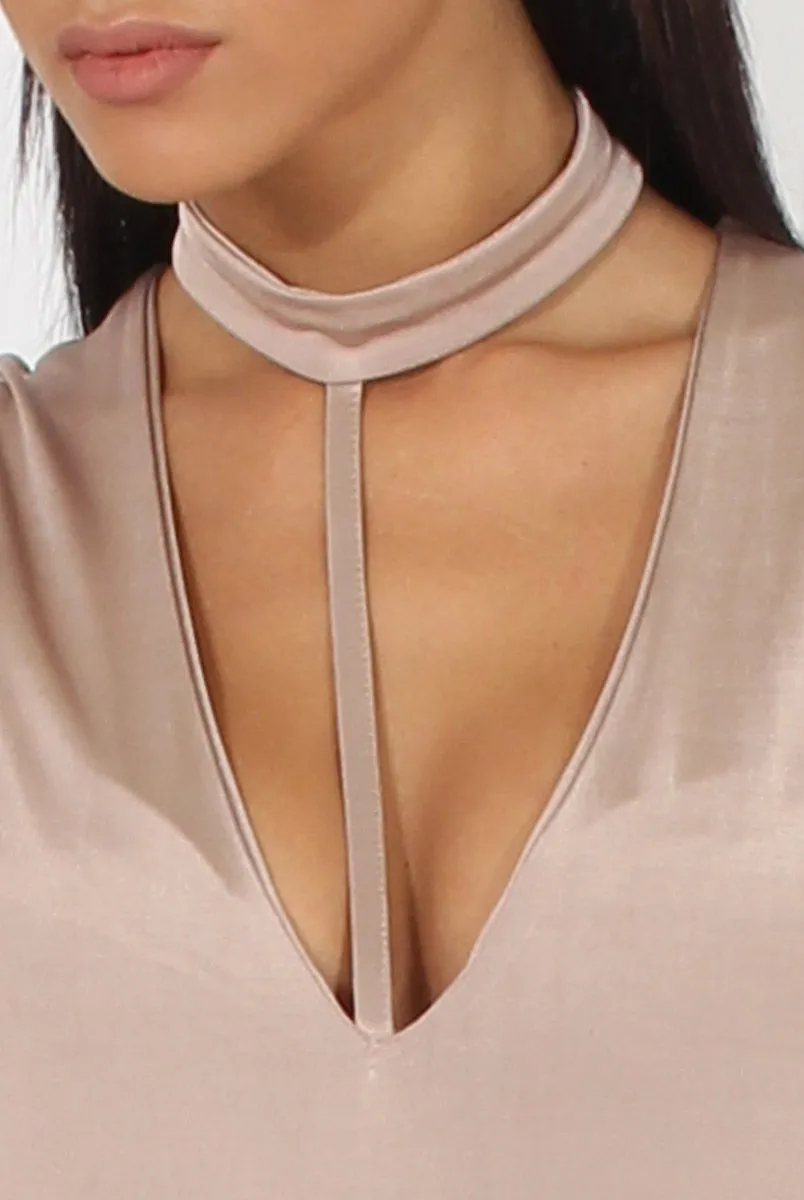 Beige Harness Choker Long Sleeve Bodysuit - Sandra