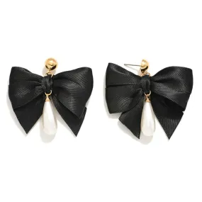 Bow - A  Pair of Ribbon Bow Drop Earrings with Lace