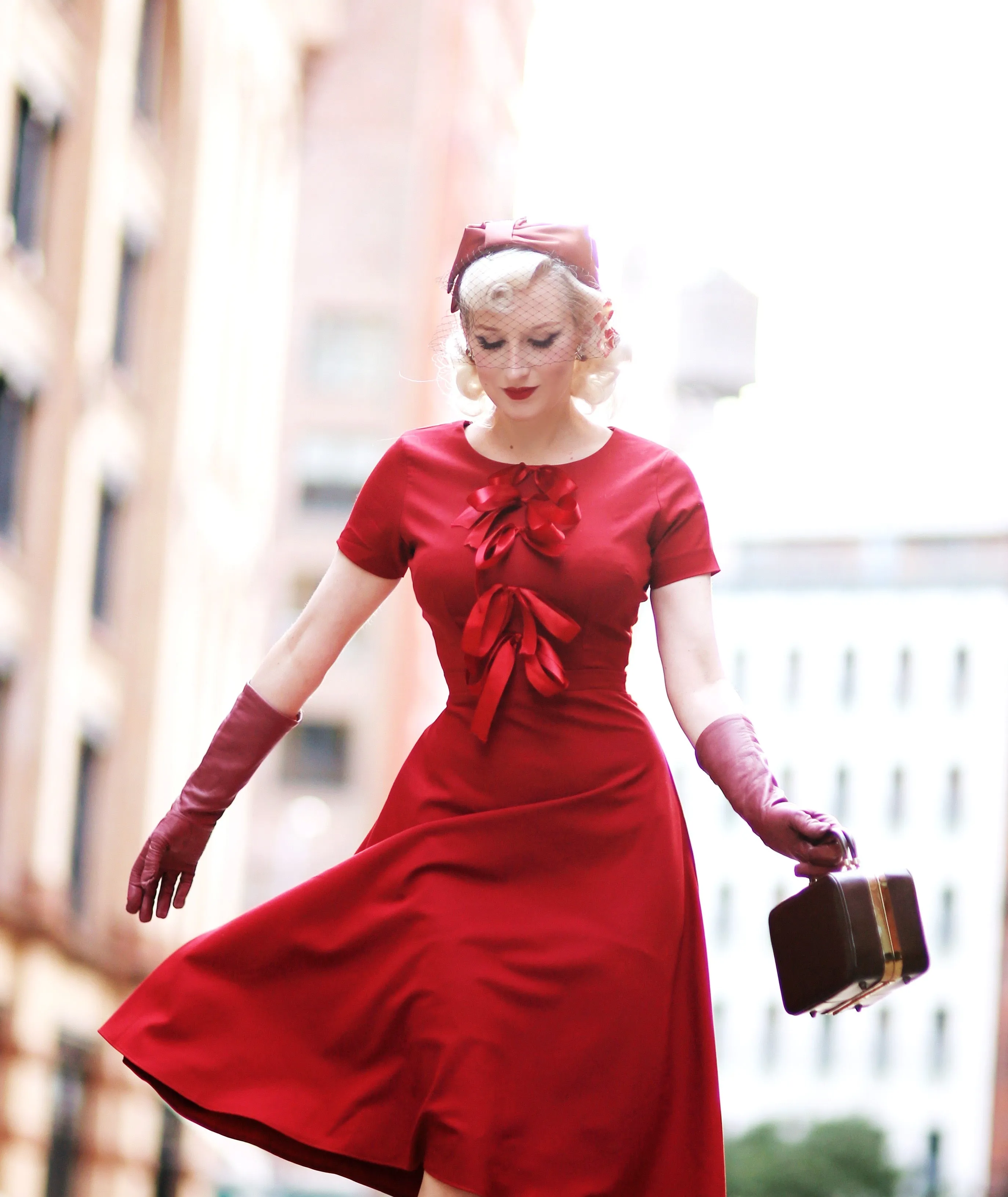 bow dress - swing dress with satin bow 50s 60s