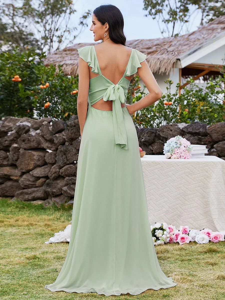 Bow-Tie Back Ruffle Sleeve Chiffon Bridesmaid Dress with High Slit and U-Neck