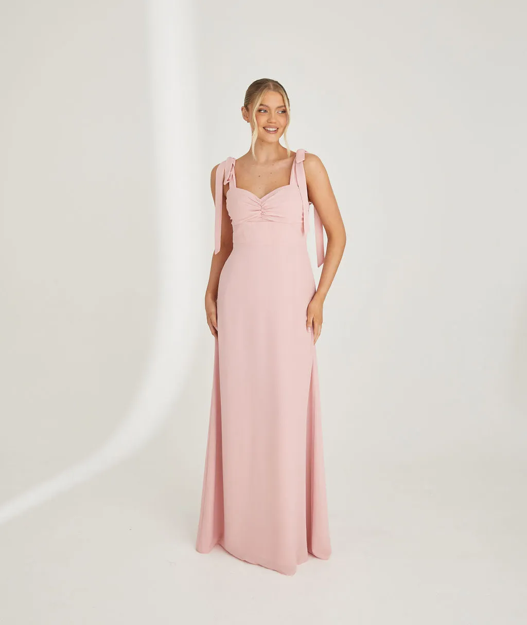 Bow Tie Shoulder Chiffon Bridesmaid Dress - Peony Pink