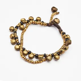 Brass Bell And Black Bead Double Strand Bracelets