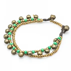 Brass Bell And Green Bead Double Strand Bracelets