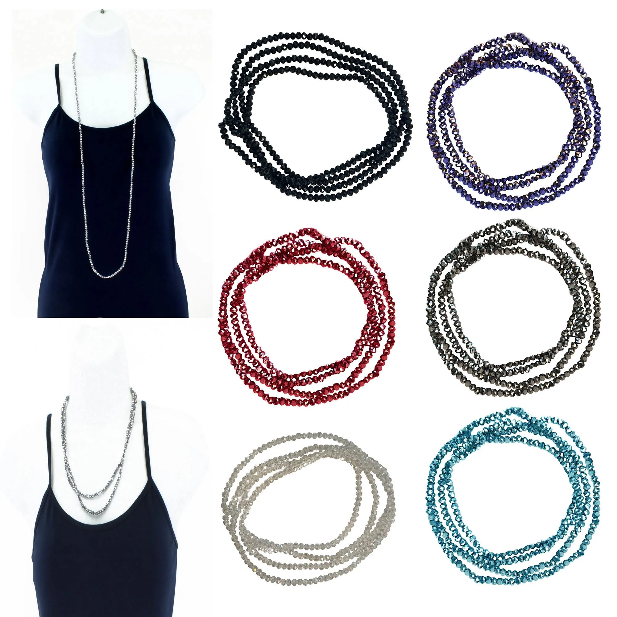 CLEARANCE CRYSTAL WRAP NECKLACES (CASE OF 120 - $0.50 / PIECE)  Wholesale Wrap Necklaces / Bracelets in Assorted Colors SKU: 70400-A-B-120