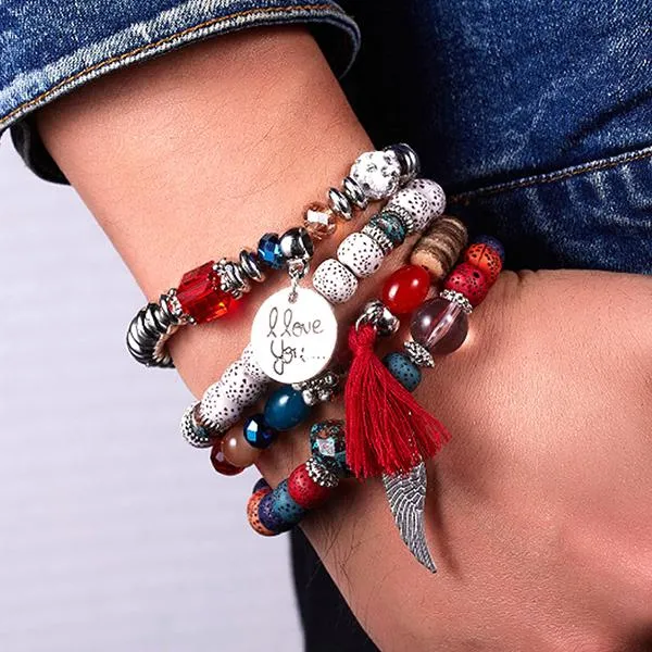 Contrasting Color Beaded Tassel Wings Set Of 4 Bracelets 15953944C