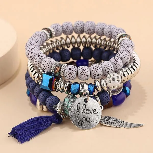 Contrasting Color Beaded Tassel Wings Set Of 4 Bracelets 15953944C