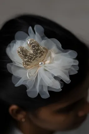 Elegant Golden Sequined Bow Hair Clip with Tulle Detail