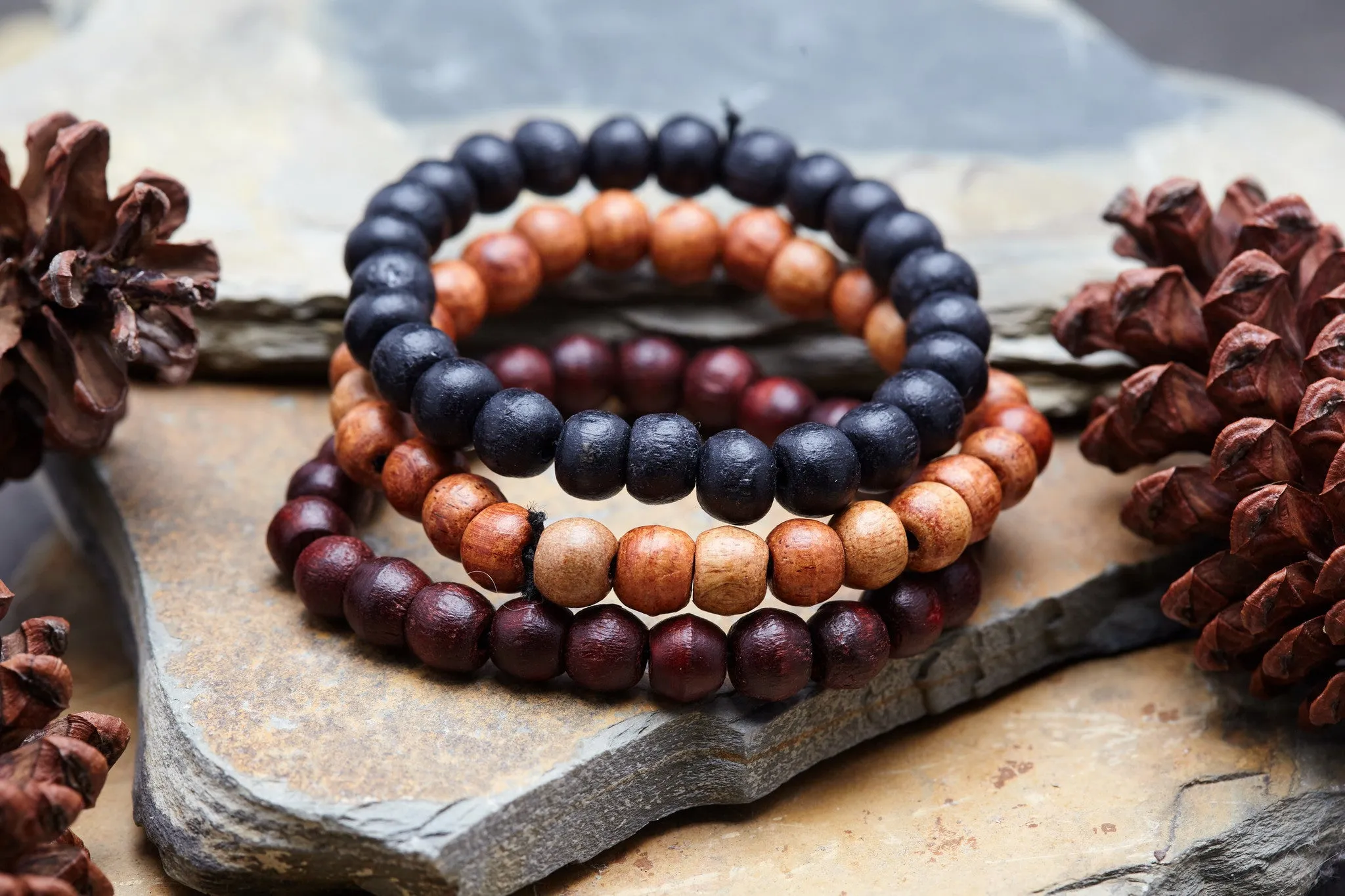 Hand Made Set Of 3 Thai Wooden Mala Bead Elastic Bracelets