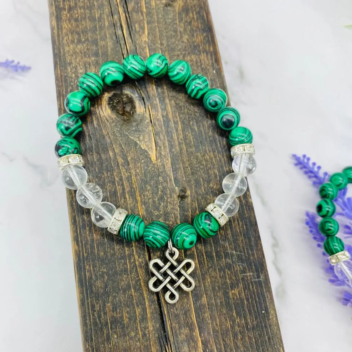 Malachite Bracelet with Infinity Symbol, Clear Quartz 8MM Bracelet, Stone of Transformation, Eternal Knot Charms, Stackable Bracelets