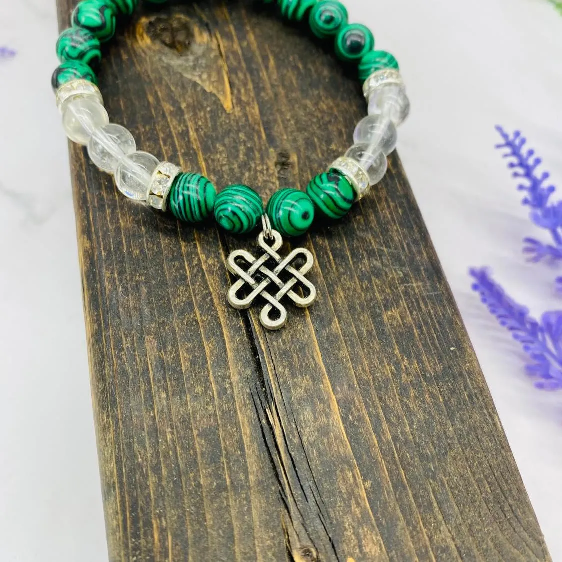 Malachite Bracelet with Infinity Symbol, Clear Quartz 8MM Bracelet, Stone of Transformation, Eternal Knot Charms, Stackable Bracelets