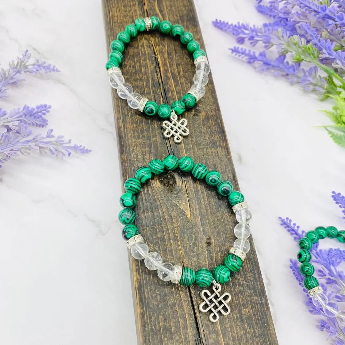 Malachite Bracelet with Infinity Symbol, Clear Quartz 8MM Bracelet, Stone of Transformation, Eternal Knot Charms, Stackable Bracelets