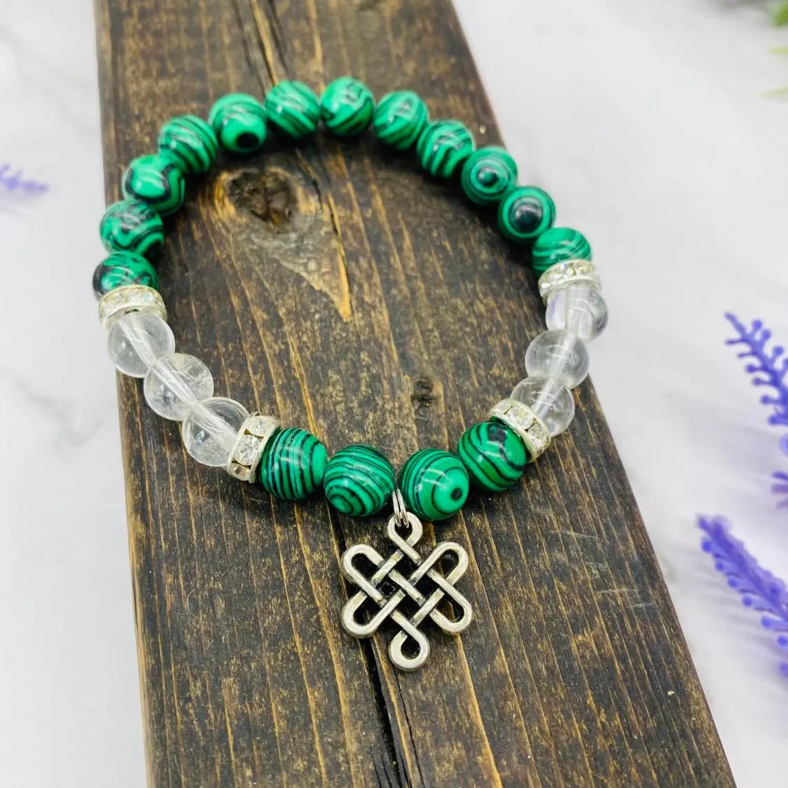 Malachite Bracelet with Infinity Symbol, Clear Quartz 8MM Bracelet, Stone of Transformation, Eternal Knot Charms, Stackable Bracelets