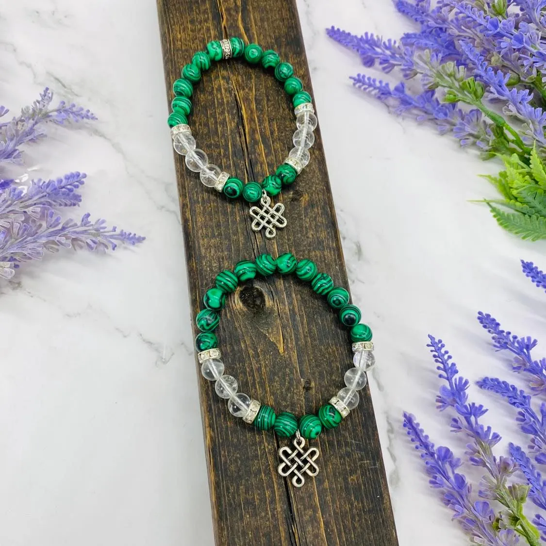 Malachite Bracelet with Infinity Symbol, Clear Quartz 8MM Bracelet, Stone of Transformation, Eternal Knot Charms, Stackable Bracelets