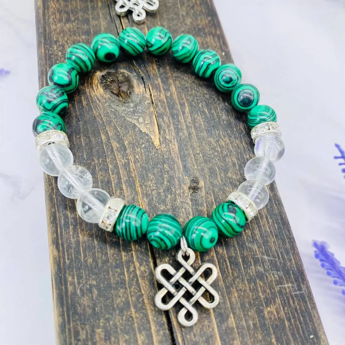 Malachite Bracelet with Infinity Symbol, Clear Quartz 8MM Bracelet, Stone of Transformation, Eternal Knot Charms, Stackable Bracelets