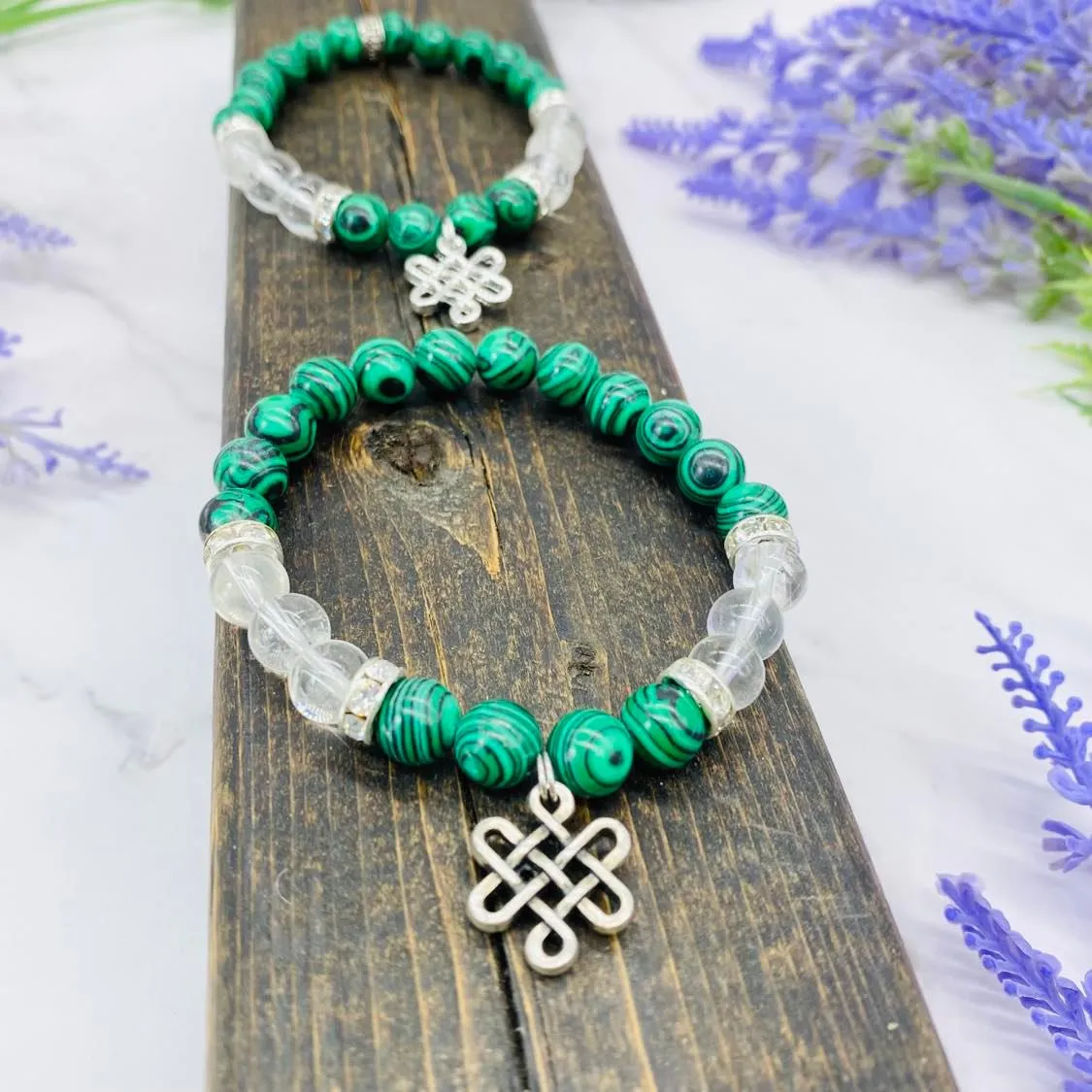 Malachite Bracelet with Infinity Symbol, Clear Quartz 8MM Bracelet, Stone of Transformation, Eternal Knot Charms, Stackable Bracelets