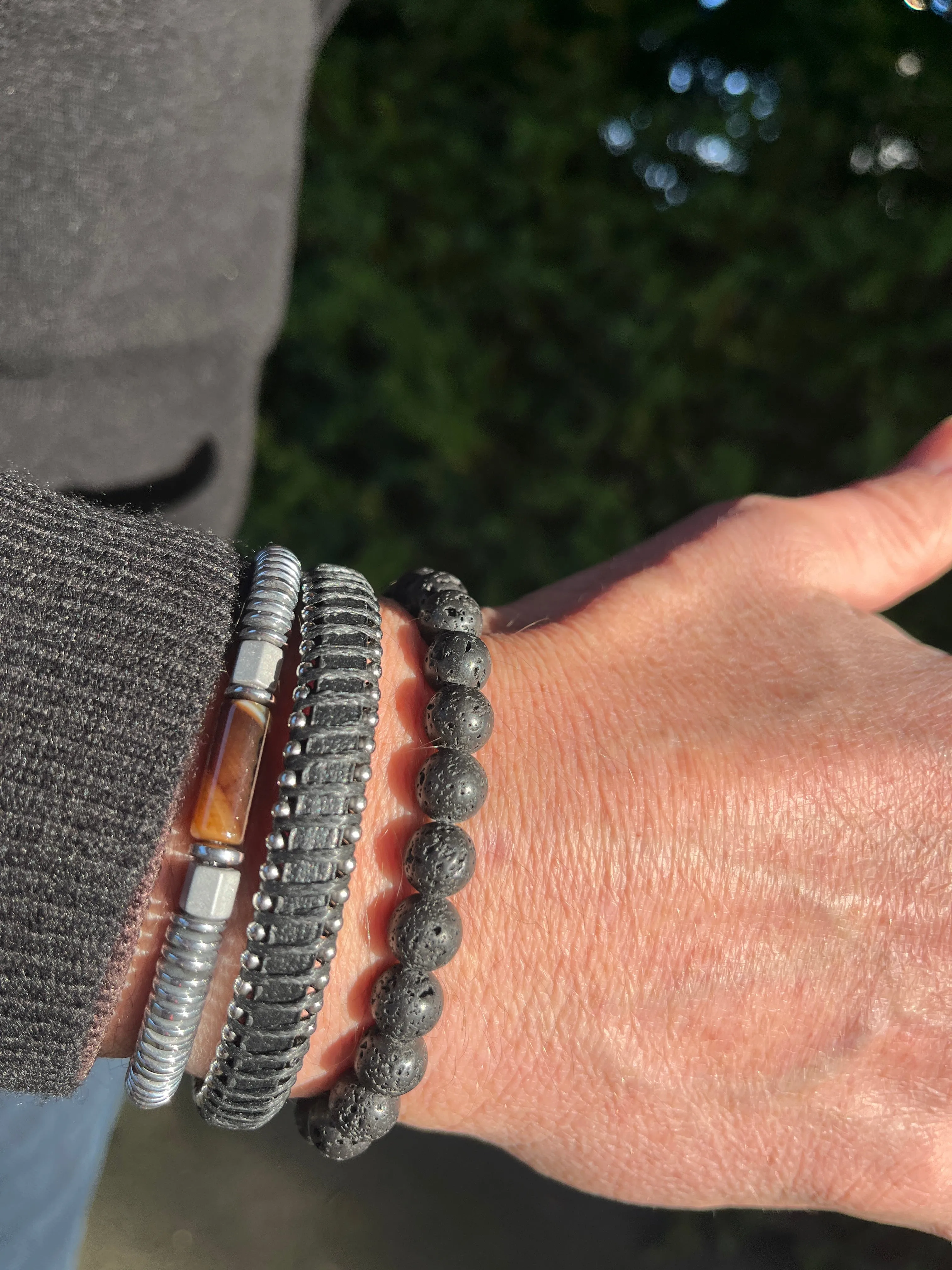 Men’s Natural Stone Beaded Bracelet, Set of 3 Bracelets with Gemstone Hematite Beaded Bracelet, Leather Bracelet, Lava Stone Bracelet