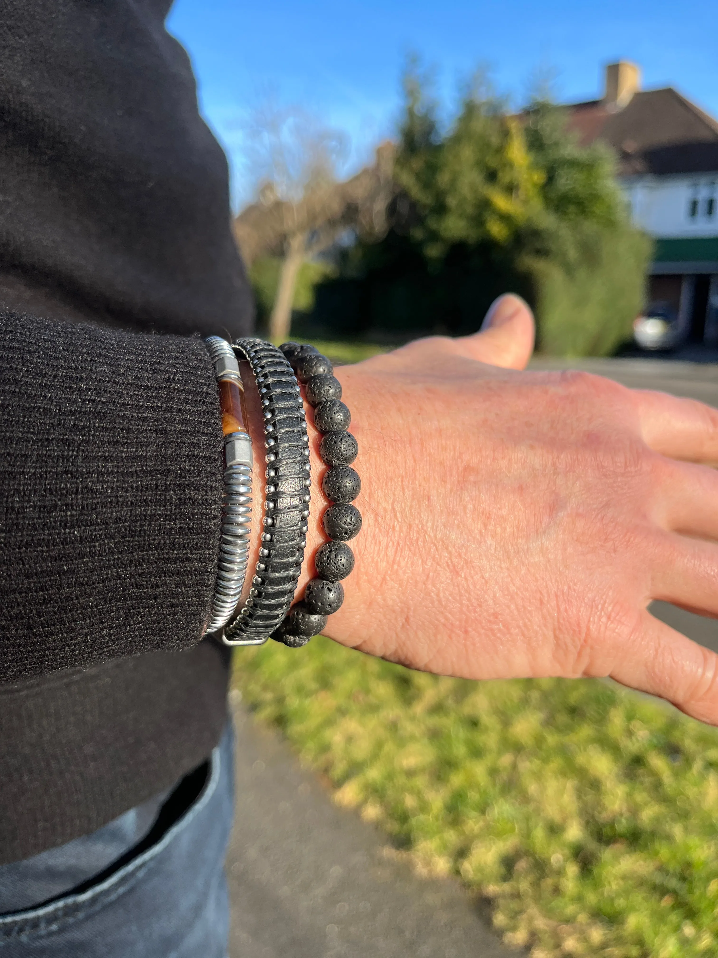 Men’s Natural Stone Beaded Bracelet, Set of 3 Bracelets with Gemstone Hematite Beaded Bracelet, Leather Bracelet, Lava Stone Bracelet