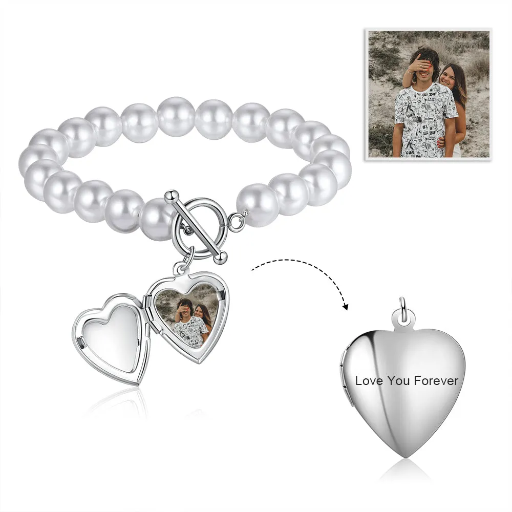 Pearl Chain Heart Charm Bangle Bracelet