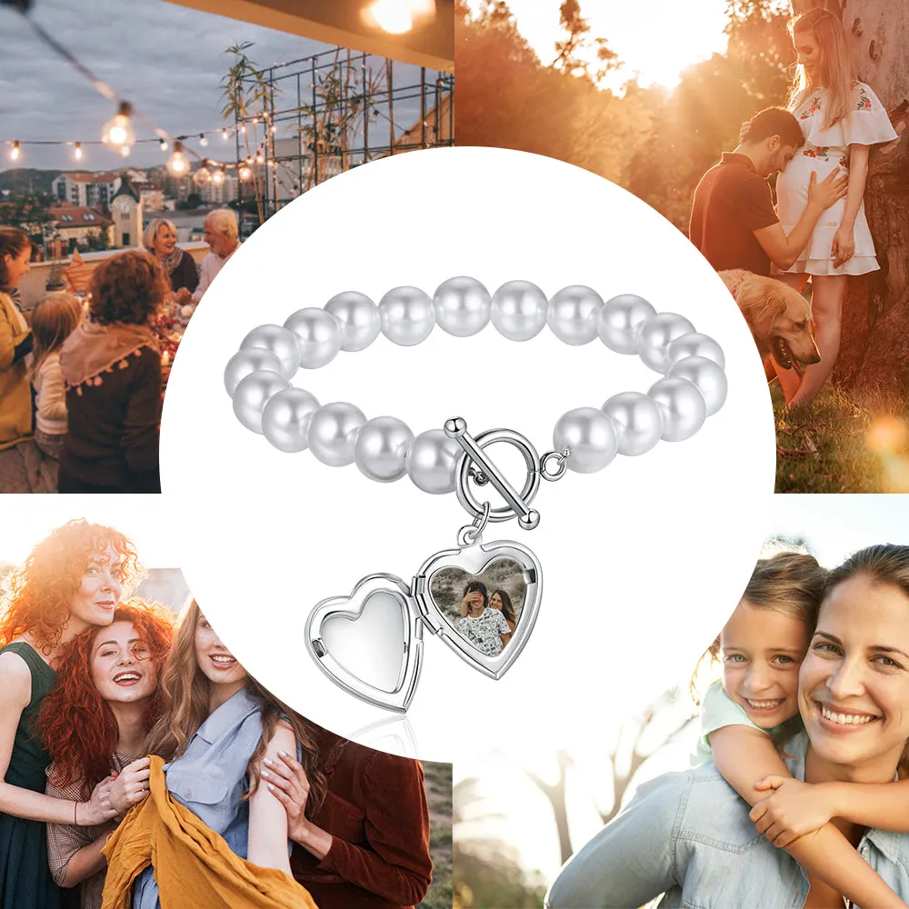 Pearl Chain Heart Charm Bangle Bracelet