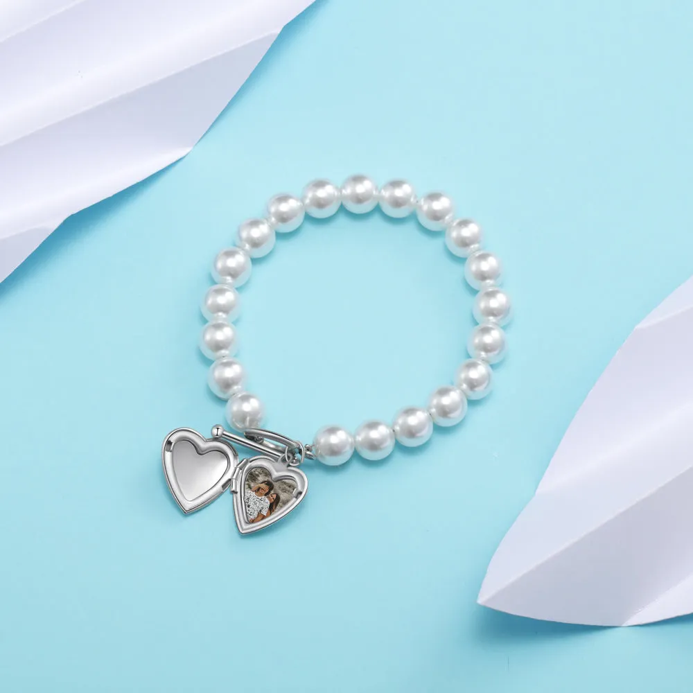 Pearl Chain Heart Charm Bangle Bracelet