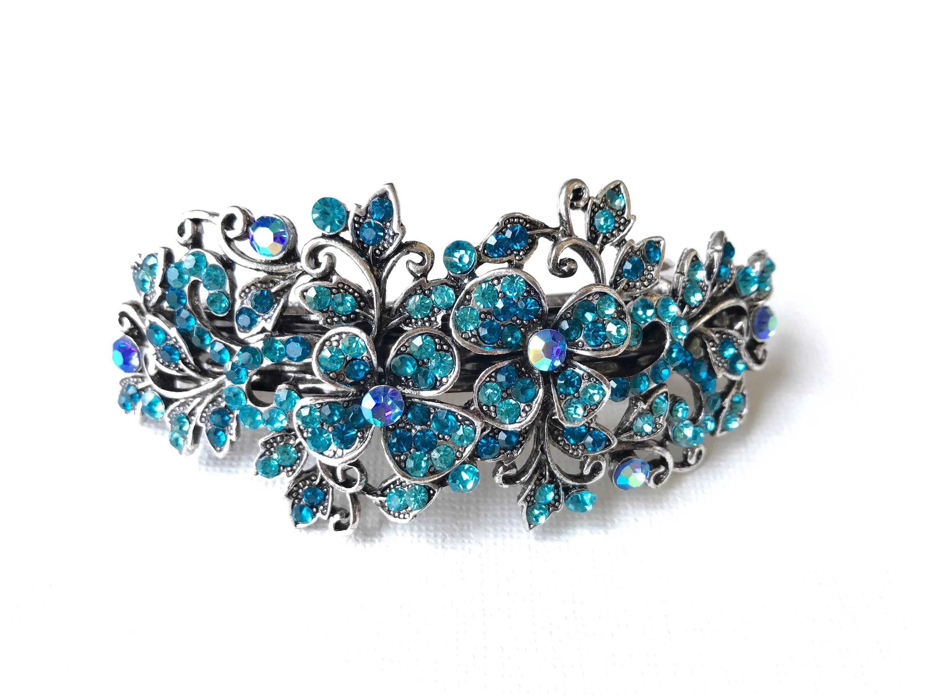 Sale! Vintage-style Blue Hair Accessory, Rhinestone Hair Clip, Bridesmaids Hair Accessory, Prom Hair Barrette, Blue Flower Leaf Crystal Hair