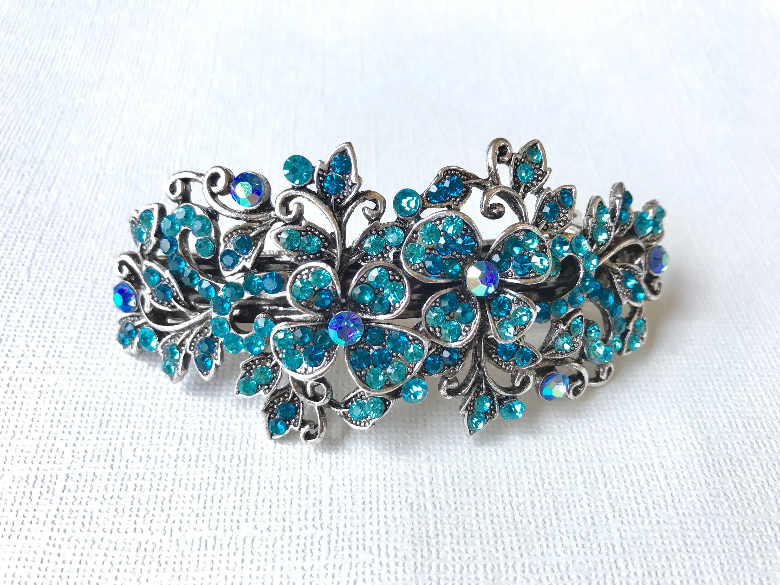 Sale! Vintage-style Blue Hair Accessory, Rhinestone Hair Clip, Bridesmaids Hair Accessory, Prom Hair Barrette, Blue Flower Leaf Crystal Hair