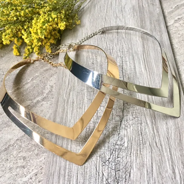 SHORT GEOMETRIC COLLAR SILVER MULTI LAYER METAL CHOKER NECKLACE