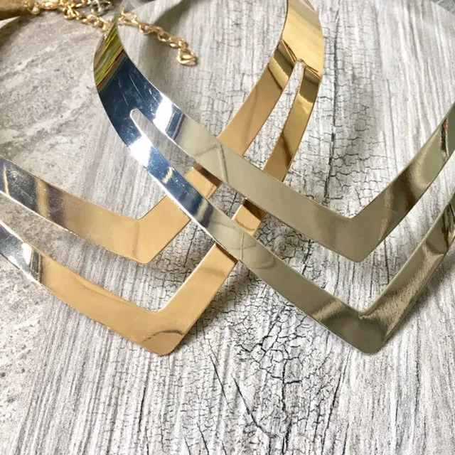 SHORT GEOMETRIC COLLAR SILVER MULTI LAYER METAL CHOKER NECKLACE