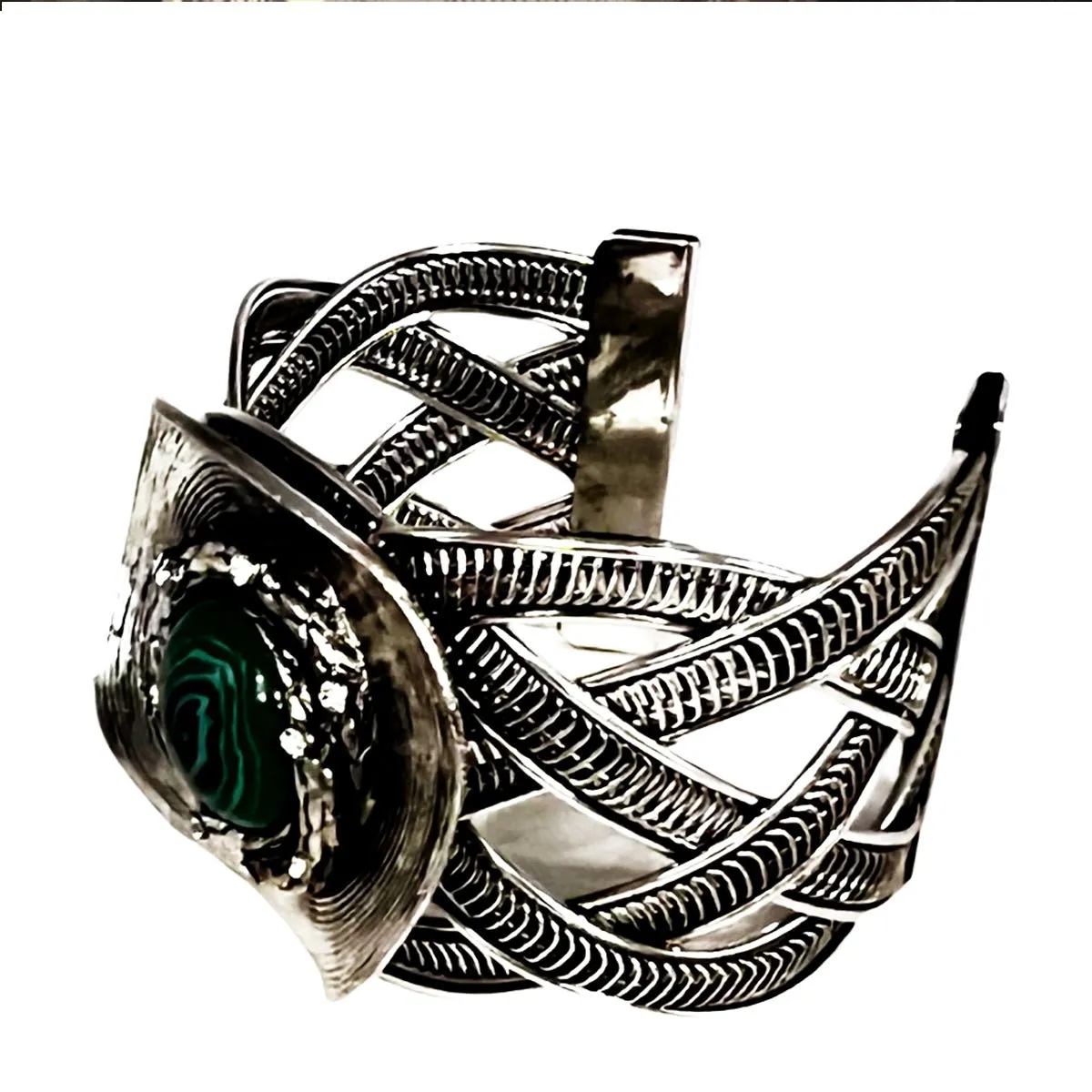 Silver Plated with Malachite Stone Bracelet Bangle