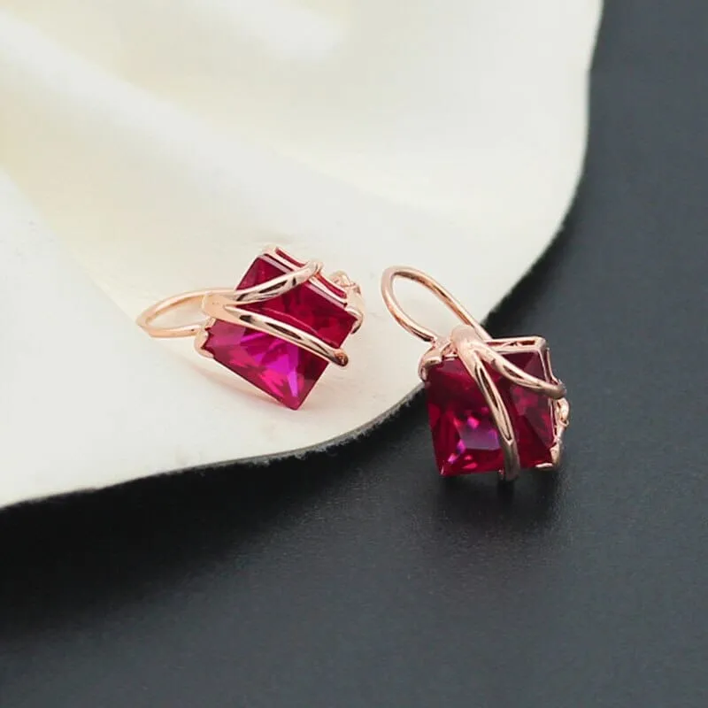 Square Ruby Ear Buckle Charm Earrings