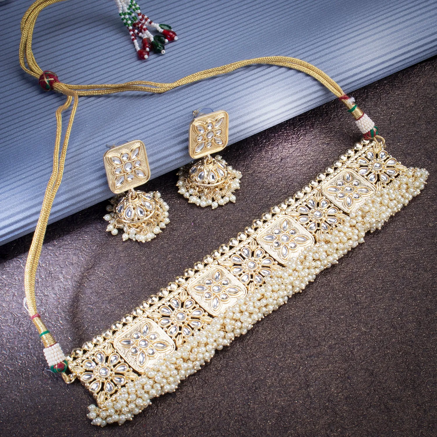 Sukkhi Adorable Gold Plated Kundan & Pearl Choker Necklace Set Worn By Karisma Kapoor