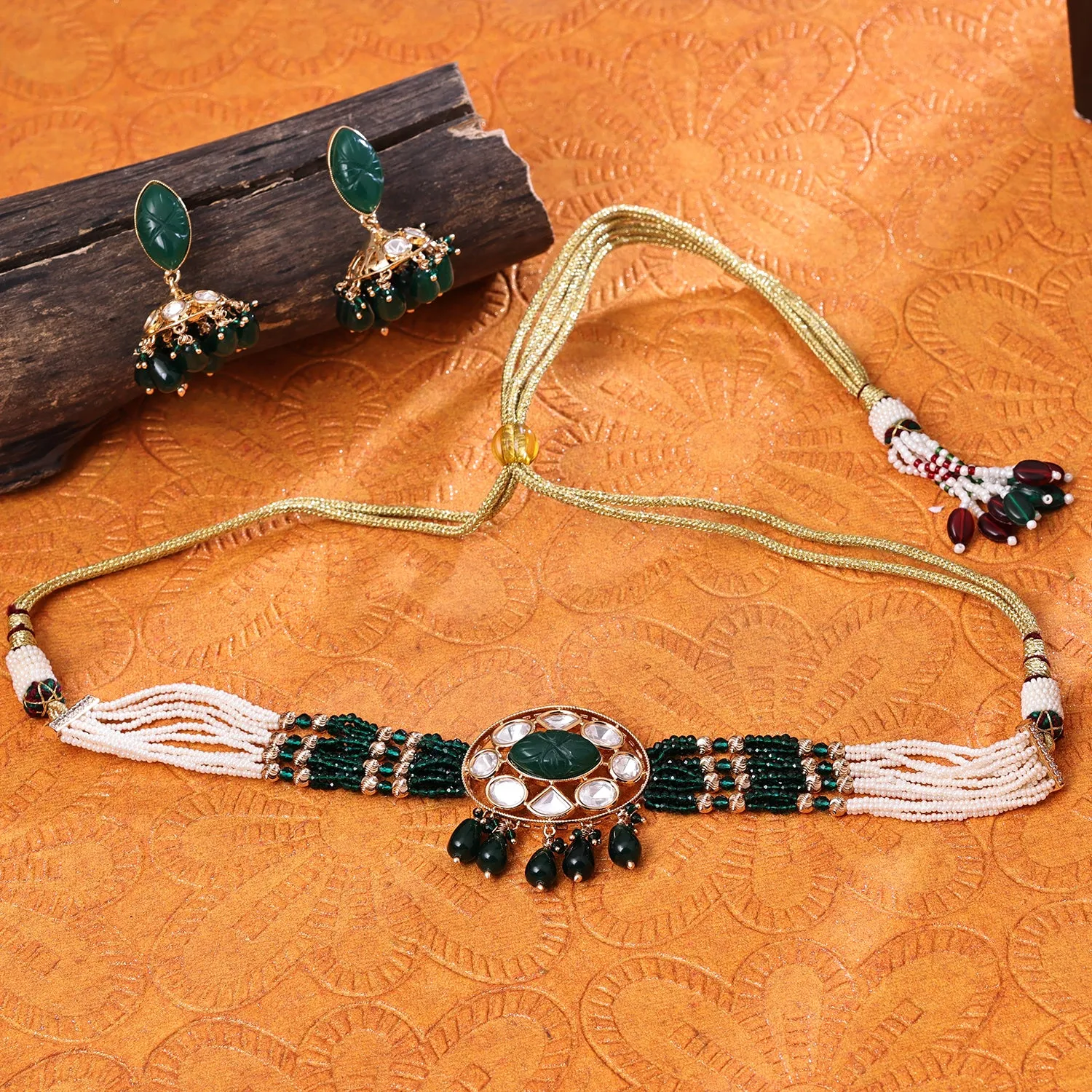 Sukkhi Appealing Green Gold Plated Pearl Choker Necklace Set For Women