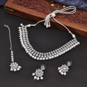 Sukkhi Attractive Choker Reverse AD & Pearl Silver Rhodium Plated Necklace Set For Women