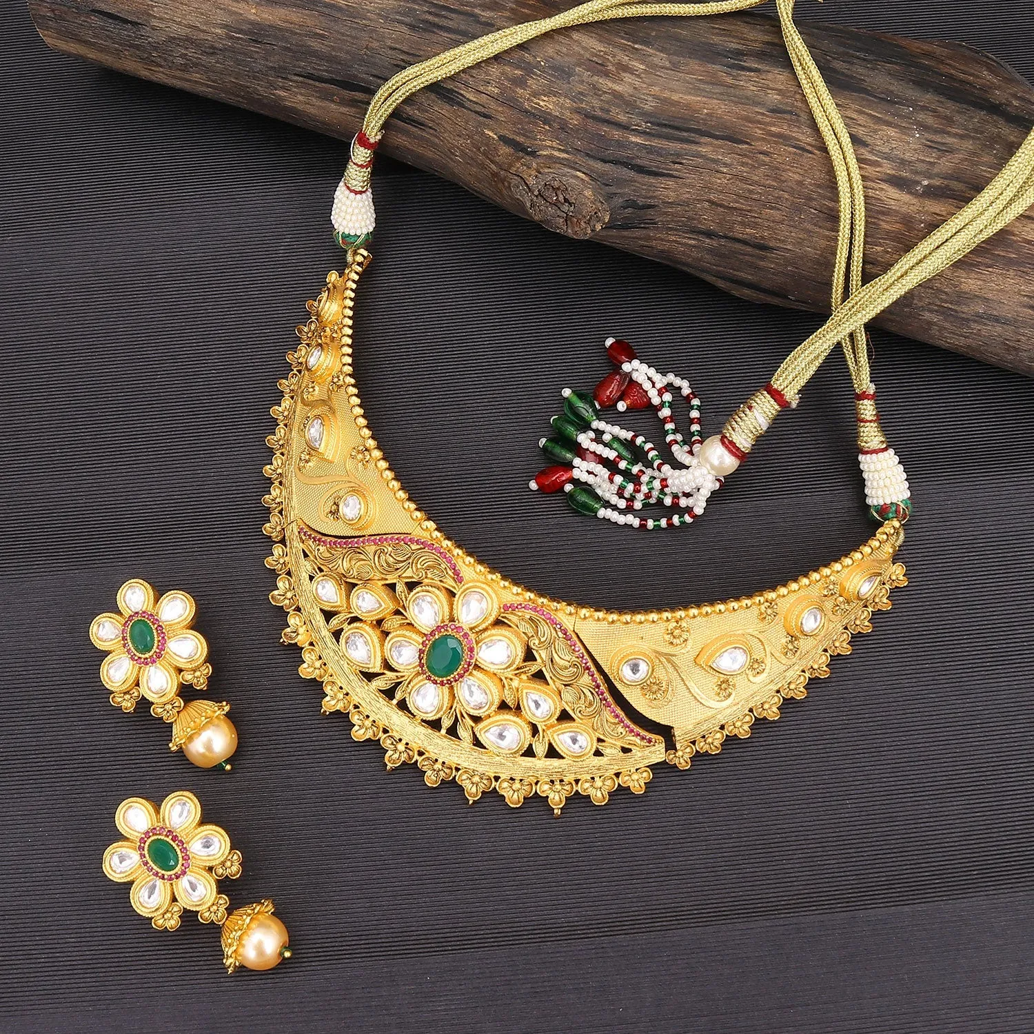 Sukkhi Blemish Gold Plated Kundan & Pearl Choker Necklace Set For Women