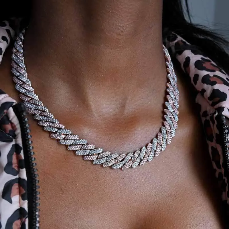 Two-Tone Prong Cuban Link Choker (12mm) in Rose/White Gold