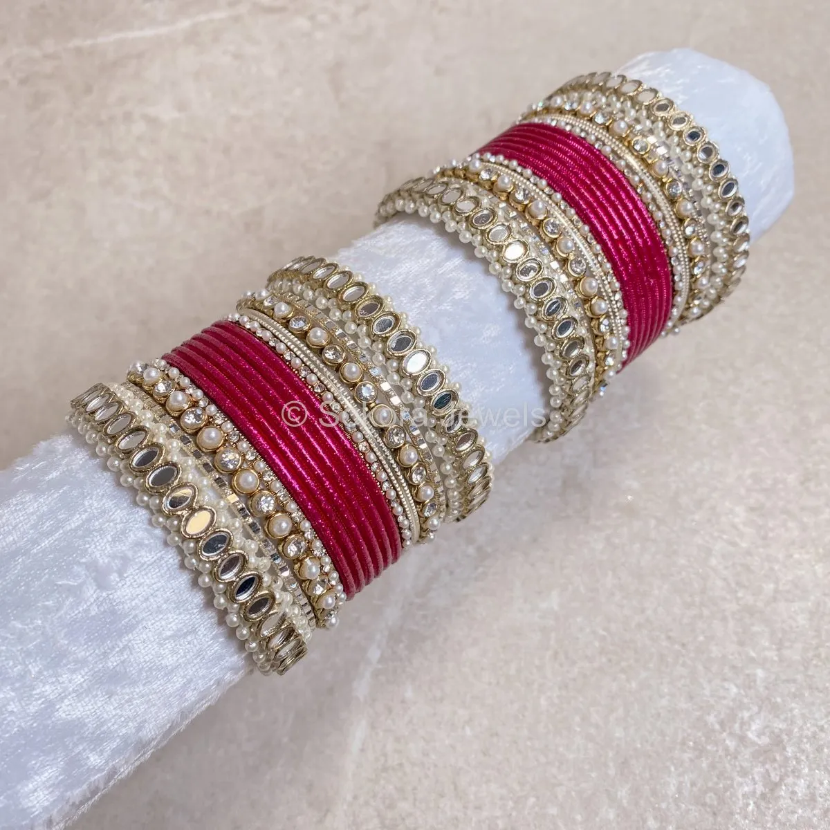 Urvi Mirror Bangle Set - Hot Pink