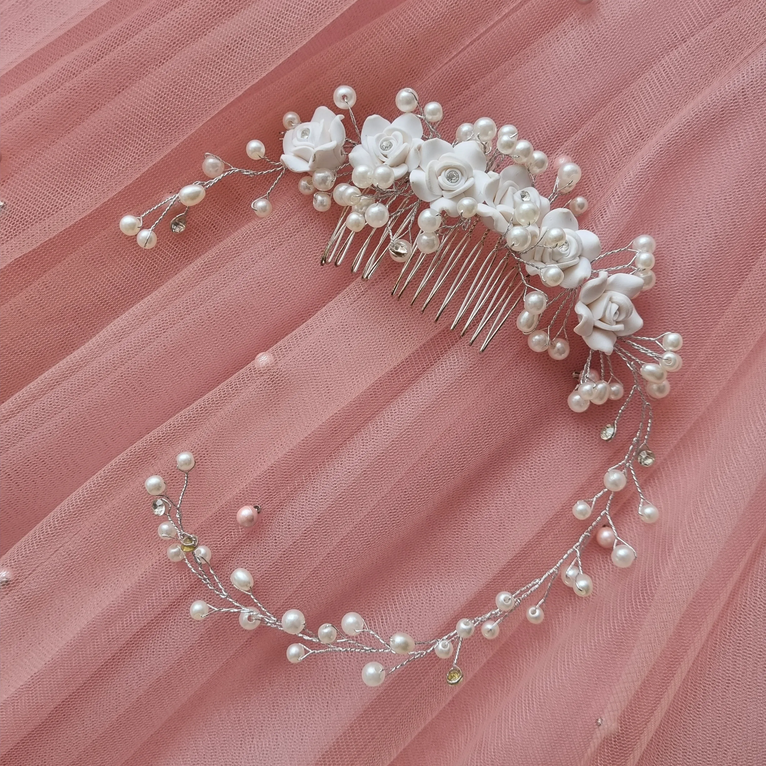 White roses asymmetric hair accessory