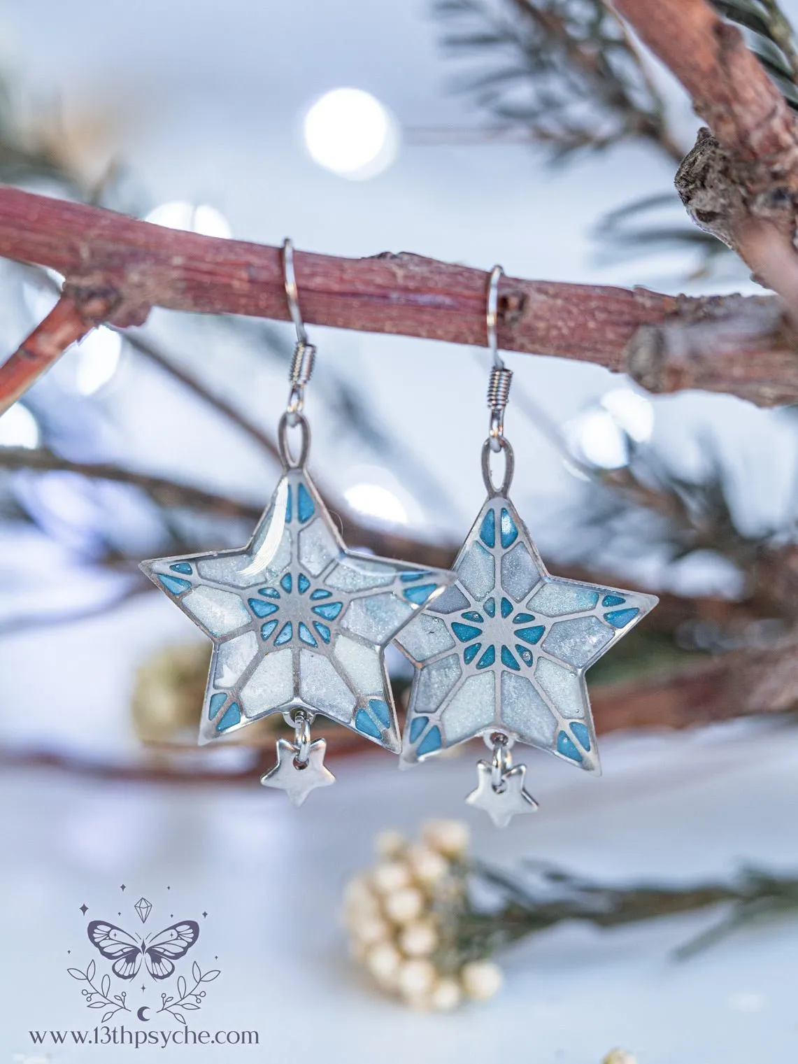 Winter star earrings, dangle drop earrings